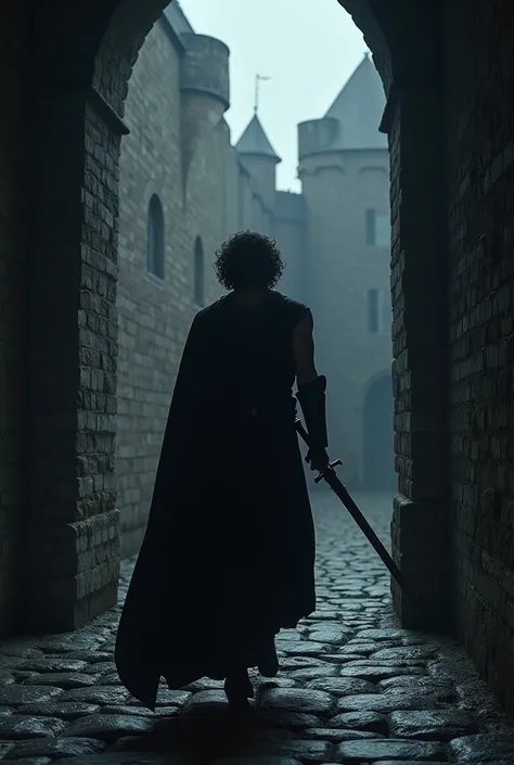 A knight with black curly hair sneaking through the back door of a castle