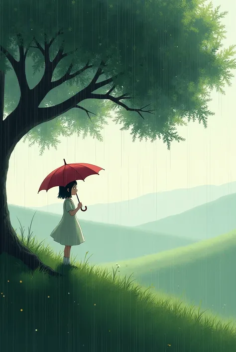 theres a girl in a hill holding a red umbrella under the tree while its drizzling. expand the upper part of the photo