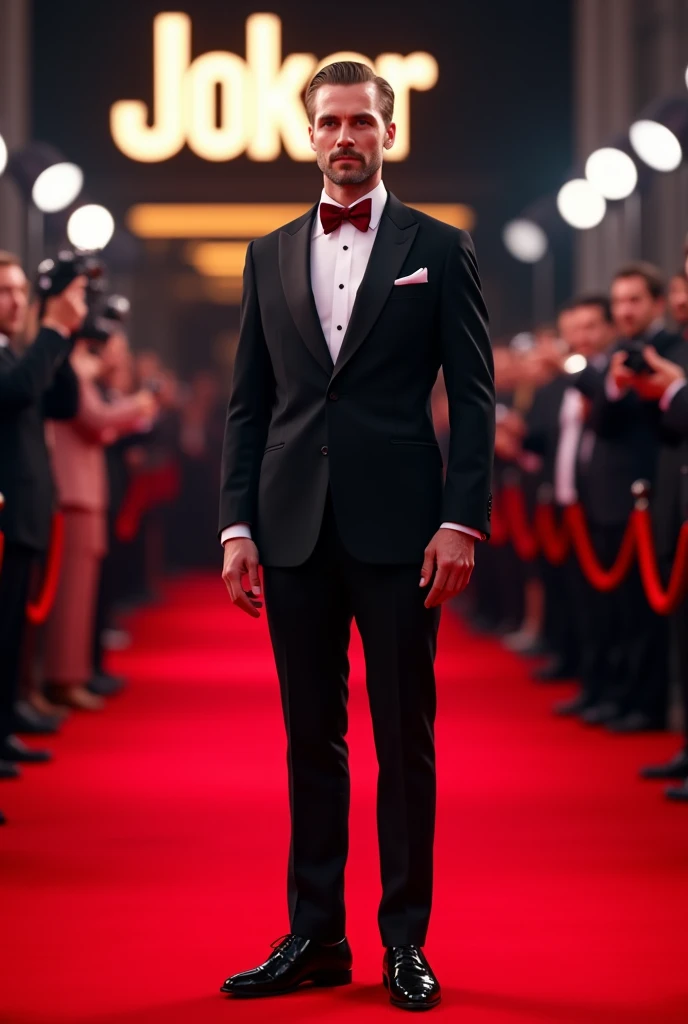 men ai outfit for gala night, red carpet background with a name JOKER at the back 