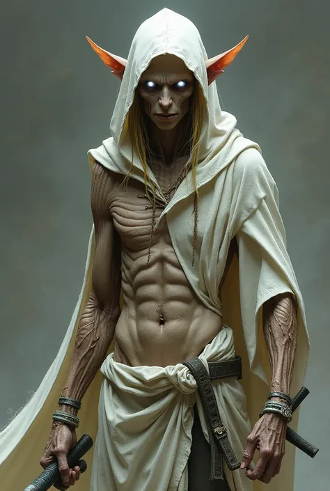 Mummified male elf wearing a white hooded robe from which his ears spill out, He wields a katana and in place of his eyes there are two small, discreet, almost imperceptible, luminous white orbs. Your skin is wrinkled and your belly muscles that also appea...