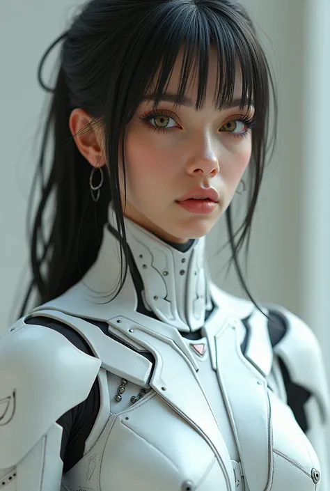 a close up of a woman in a futuristic suit posing for a picture, cyberpunk art inspired by Marek Okon, cgsociety contest winner, digital art, gynoid cyborg body, in white futuristic armor, girl in mecha cyber armor, cybersuit, cyber suit, echo from overwat...