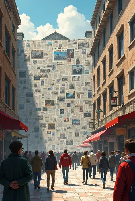 Create an image of a public square with newspapers pasted on the wall