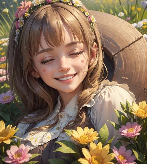 ((best quality:1.3)), ((masterpiece:1.3)), ((detailed background:1.3)), ((detailed face:1.3)), detailed nose, detailed eyes, (happy smile:1.3),A rabbit sleeping happily in a flower field