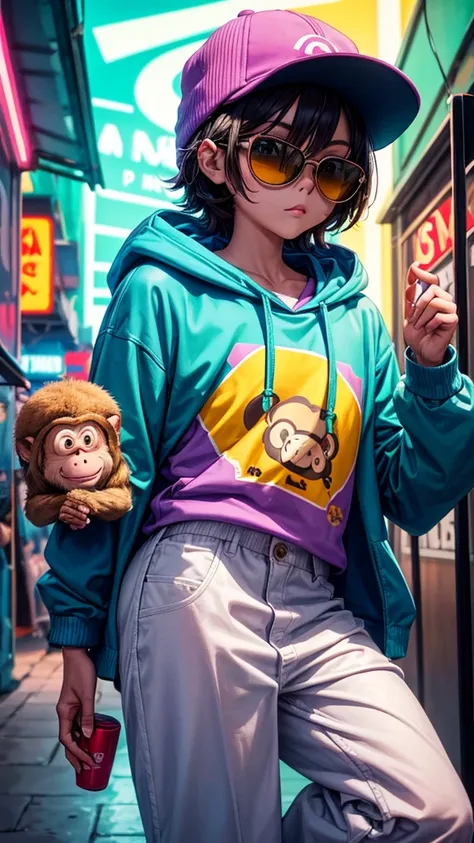 I want a monkey with a cap with the letters PJ9 on it, to wear sunglasses, with a sweatshirt with a hood that is lilac and turquoise green, the background alleys with neon signs of many colors, and the monkey holds a sign that says PORRITAJR9