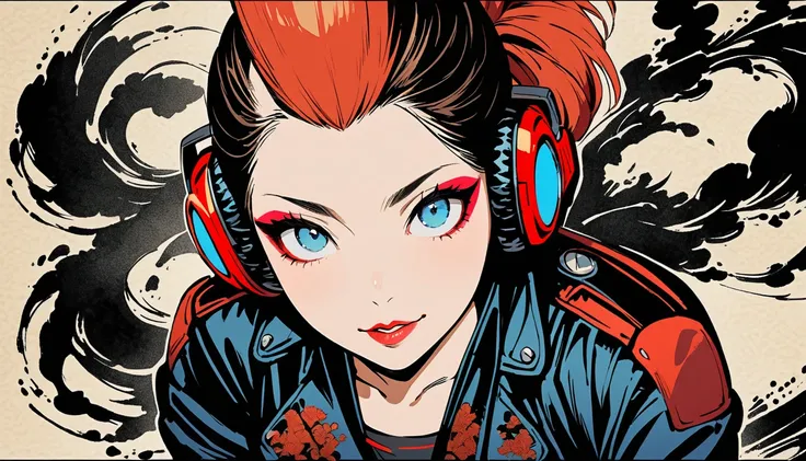 (((Ink Painting))), (((from above))), (((1 female))), (((Leather jacket with Japanese patterns))), (((Mohawk))), (((Very flashy makeup))), Japanese style headphones, devil, face close-up, front view, Japan人の美少女, Black Hair, Delicate and precise, Modern uki...