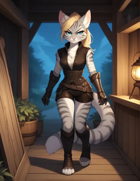 score_9,score_8_up,score_7_up, kemono style, Kat, Anthro furry feline, silver fur, grey stripes on body, blue eyes, long blonde hair, undercut hair, pink nose, :3, wearing black medieval vest, black short shorts, black leather gauntlets, plantigrade feet, ...