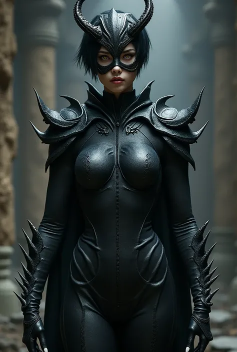 short black hair, gold eyes, light skin covered by a resistant black material, face covered by a black mask with sharp horns and beads protruding. wide shoulders, straight waist, increased muscle mass for an athletic and muscular appearance, sharp claws, t...