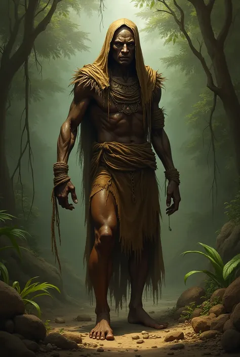 Create a god of hunger, Brazilian indigenous culture, he must be thin, skin black, brown clothes without precious ornaments and ((No big ears)).