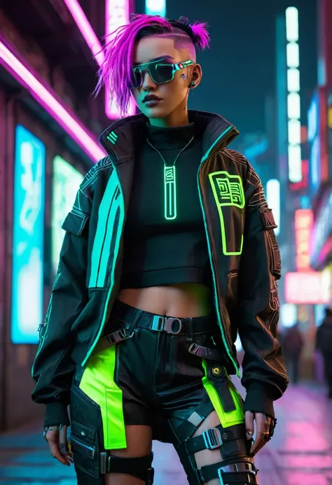 Main character, cyberpunk style, dystopian world, clothes with neon details