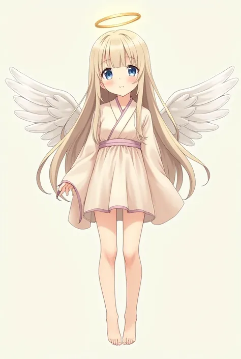  5 years old long light blonde hair to below her waist light blue innocent big eyes angelic like and angelic kimono short  no back ground no wings no halo   small girl anime