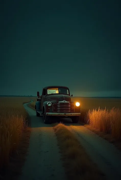 dark image of an old farm truck with the lights on on the road between the wheat plantation at night