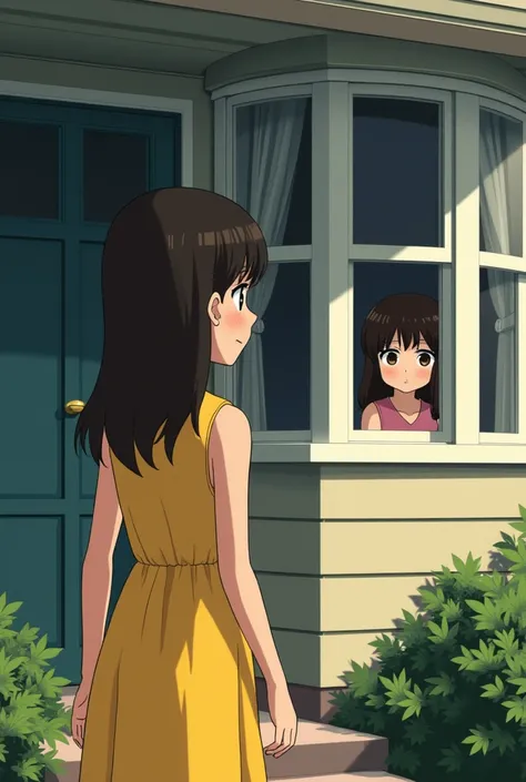 A girl wearing yellow sleeveless frock standing outside a house with closed door and another girl looking outside through a bay window with a disapproval in her face