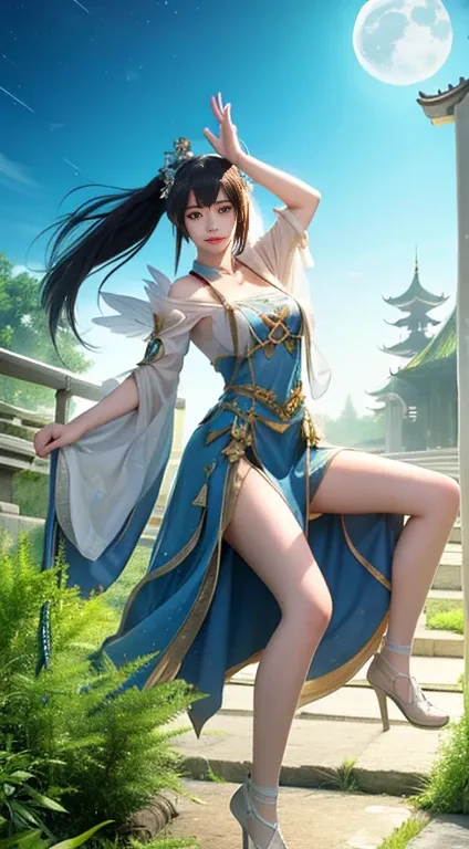 Moonlight的风景，The ancient costume goddess is unique and her gorgeous costume shines，The skirt flutters in the breeze，It looks elegant and dynamic。Her eyes are full of playfulness，As if blending into this peaceful nature。

This costume goddess wears a pair o...