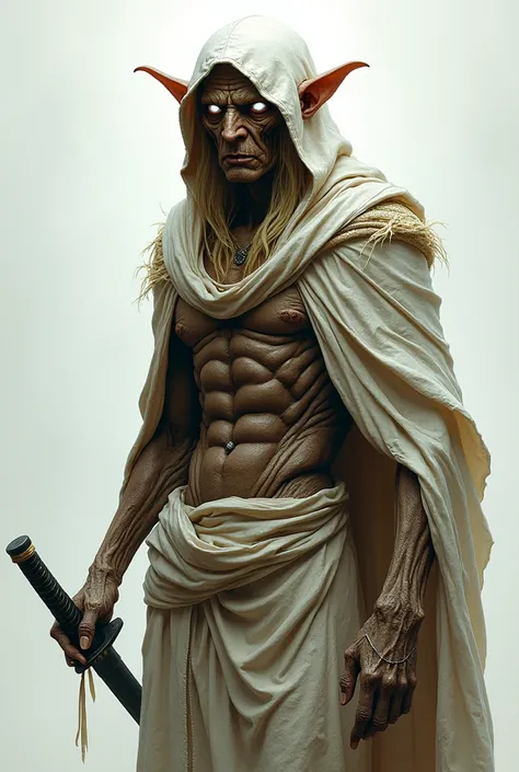 Mummified male elf wearing a white hooded robe from which his ears spill out, He wields a katana and in place of his eyes there are two small, discreet, almost imperceptible, luminous white orbs. Your skin is wrinkled and your belly muscles that also appea...