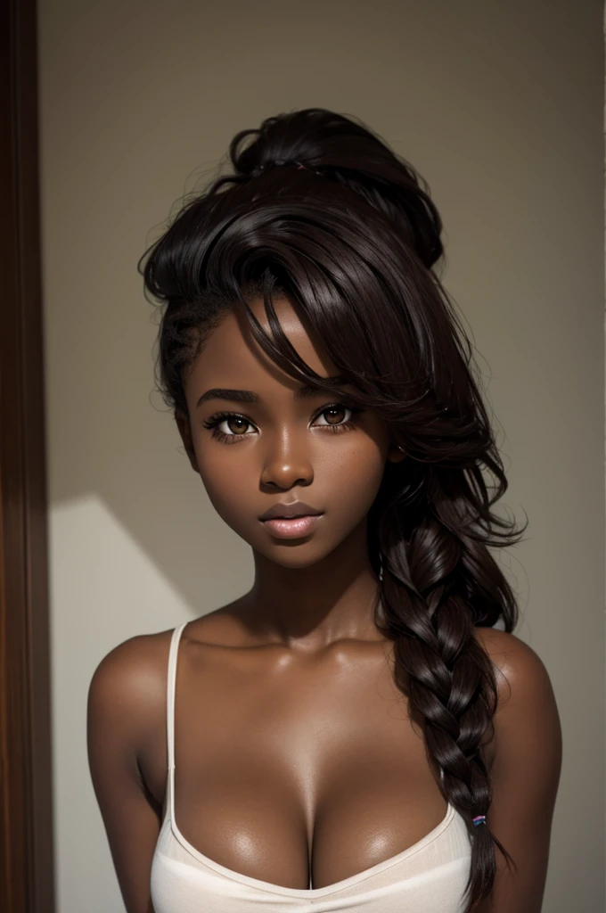 cute hair, chocolate skin, teenager, beautiful face, deep ebony, showing big breasts, SFW, upper body focus, Irish bright hair  beauty 