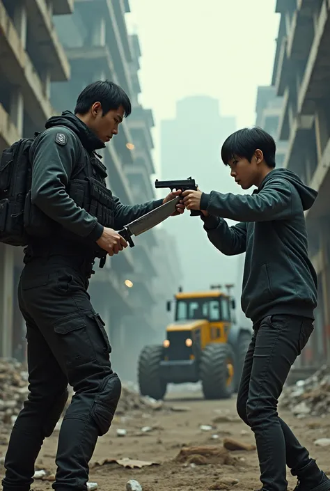 Knife of an armed Japanese man exchanging fire with a teenager at a construction site