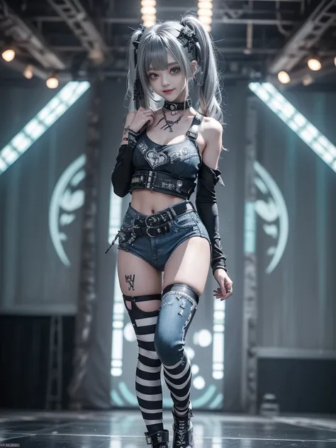 (Full Body View:1.2)、(Smiling with teeth showing:1.3),(Shibuya Gal:1.5)、(Gothic style fashion:1.5)、(Punk rock visual kei:1.5)、(Wearing a rhythmic gymnastics bodysuit with intricate details:1.4)、(Complex white racing suit and pants, Denim and turquoise deco...