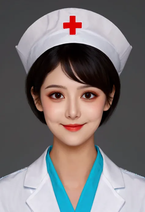 Digital Art Girl Portrait,Smile,solitary,symmetry,short hair,Colorful big eyes,Fashionable and exquisite facial features,Exquisite makeup,Nurse uniform,name card,Clean and simple background