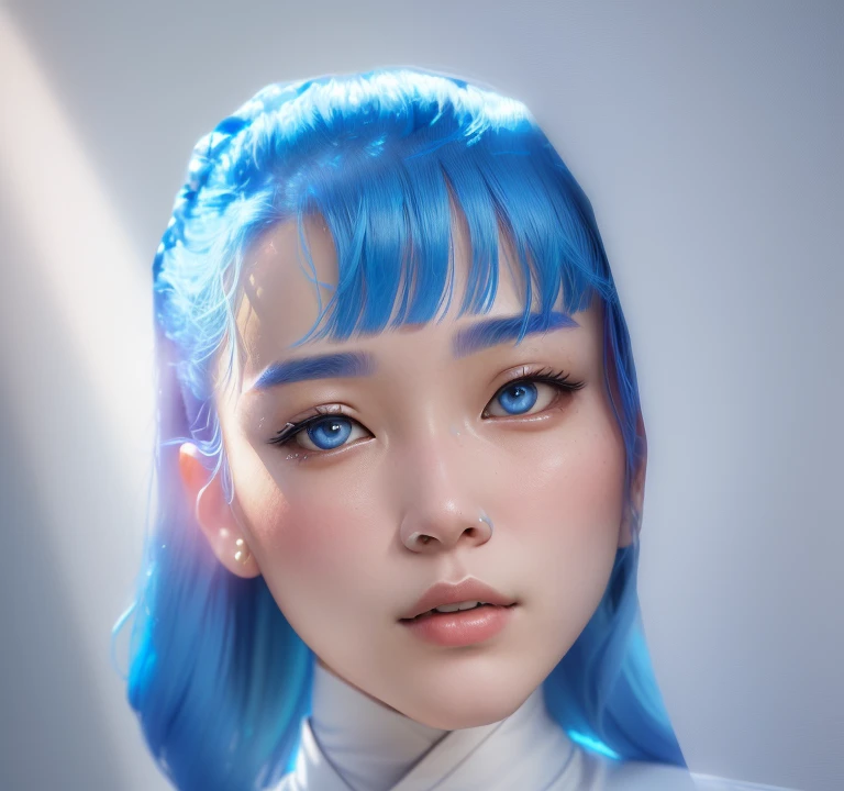 a close up of a person with a blue hair and a white shirt, with round face, south east asian with round face, face picture, full round face, with accurate face, small round face, portait photo profile picture, phong shaded, headshot profile picture, soft r...