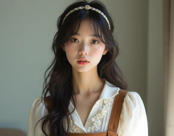 Wearing a white blouse（Lace details）、brown overalls（Relaxed fit）、Her hair is styled with her bangs down.（She uses a hair band to hold her bangs together）、Upper body photo、With long wavy hair、natural、Japanese、female、Natural light、Highest quality、Realistic s...