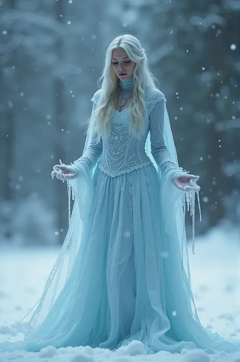 Medieval woman with freezing powers loses control and ends up freezing herself, becoming a frozen ice statue