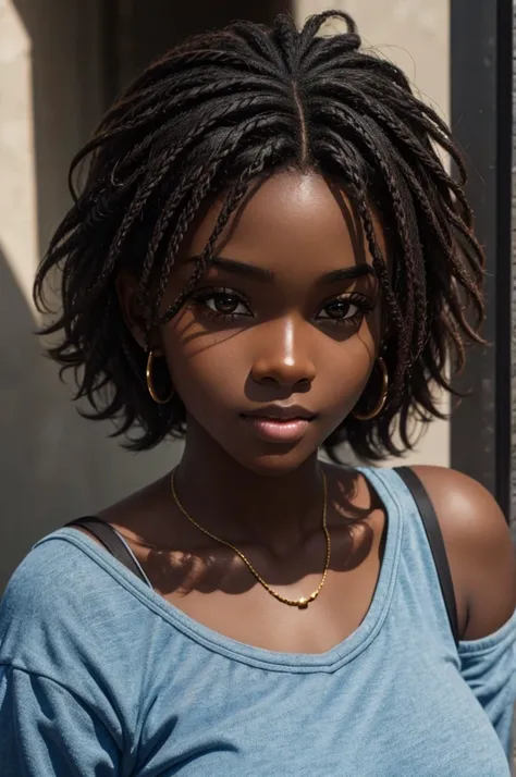 cute hair, chocolate skin, teenager, good lighting, ray tracing, beautiful face, deep ebony, showing big breasts, SFW, upper body focus, Irish bright face beauty 