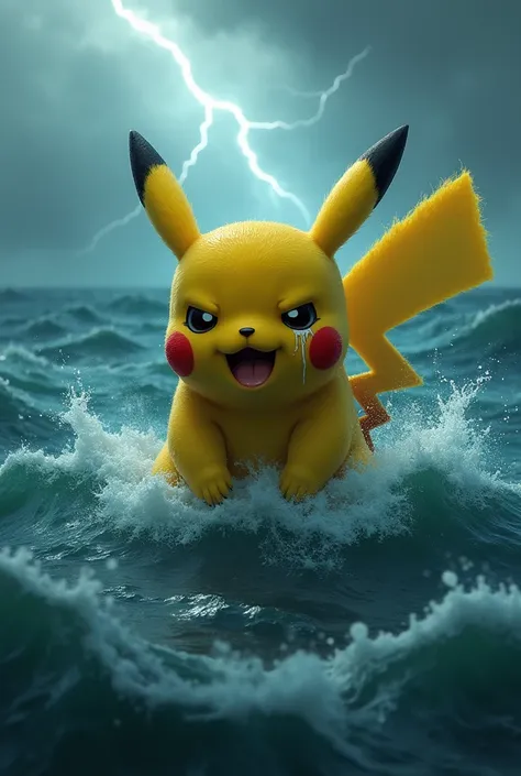 Pikachu swimming and crying in the sea