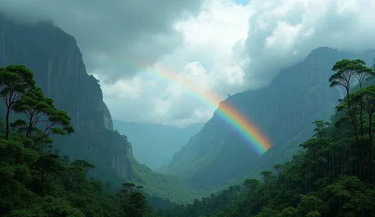 Landscape picture of  black and green mountains in corner  , clouds , rain rainbow india trees and indian type sunrise  rainy season  and bright background 