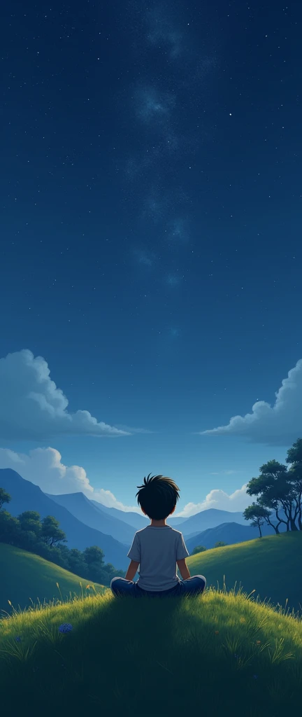 A realistic image of a boy sitting on a hill looking at the clear sky at night