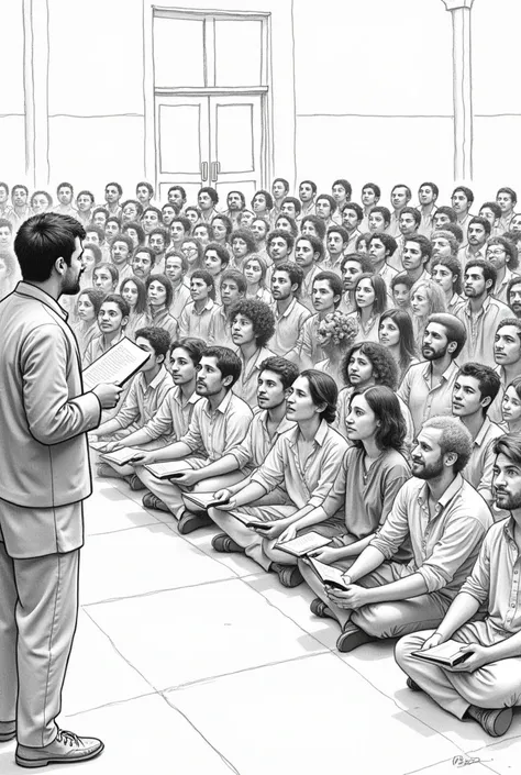 Pencil sketch of 100 people gathered around in a room, sitting on the floor, each with an open book in hand, listening to one of the people sitting as he speaks. Point of view from eye level. Drawing style is rough sketch.