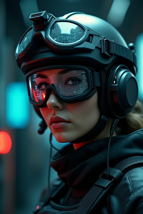 (masterpiece:1.2,Exceptional Quality,mirror-like,cinematic experience),8k,wallpaper,Ray Tracing,(woman),Are standing,(美しいwoman),(Wearing futuristic tactical goggles:2.0,Tactical data is displayed on the goggles:2.0,Detailed view of the goggles:2.0),(tactic...