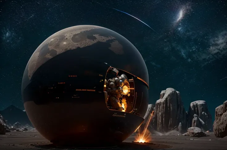 a giant robot, samurai themed, large bubble dome cockpit, lunar surface, stars in background, action pose, shooting rocket fist ...