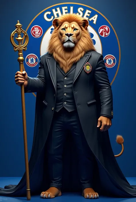 Create an image of a lion in a black suit with the Chelsea football club symbol on the chest in small size . The lion is holding a golden staff. Blue background with images of Chelsea football club. 4k ultra realistic 