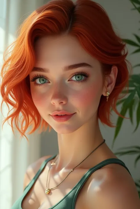 Create the round face of a beautiful redhead woman, green eyes, 28 ans, 1m68, 60kg, sportive, squared hair, without cosmetic surgery. 90C chest, waist size 38.
