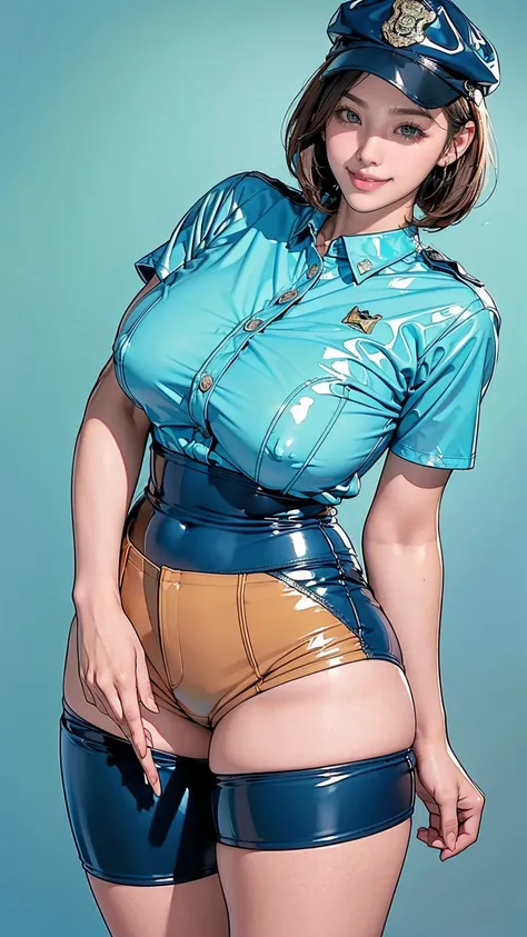 Blue blank background, (1girl:1.3), Photo from the waist up, Anatomically correct, Accurate Anatomy, Brown Hair, Wavy short hair, (Fitted clothing, Camel Knob, A light blue fitted shirt made of latex, Navy blue latex shorts, Police style:1.3), Smiling with...