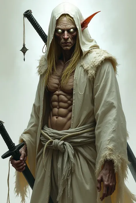 Mummified male elf wearing a white hooded robe from which his ears spill out, He wields a katana and in place of his eyes there are two small, discreet, almost imperceptible, luminous white orbs. Your skin is wrinkled and your belly muscles that also appea...