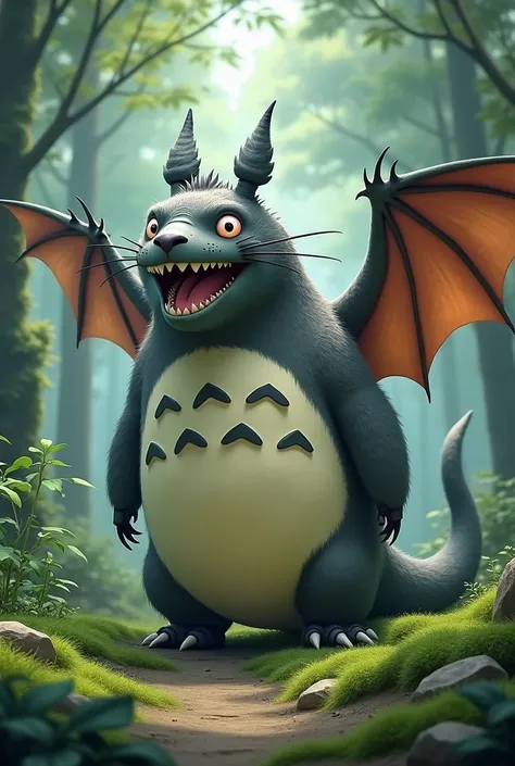 (ultra detailed), A character that combines Totoro and a dragon, with a Totoros body, a dragons head, dragons wings, and a dragons tail.