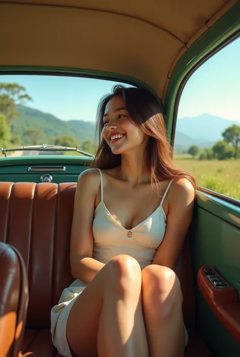 Thai girl, , brown hair, beautiful, barefoot driving an old beetle while enjoying the view from the back seat.