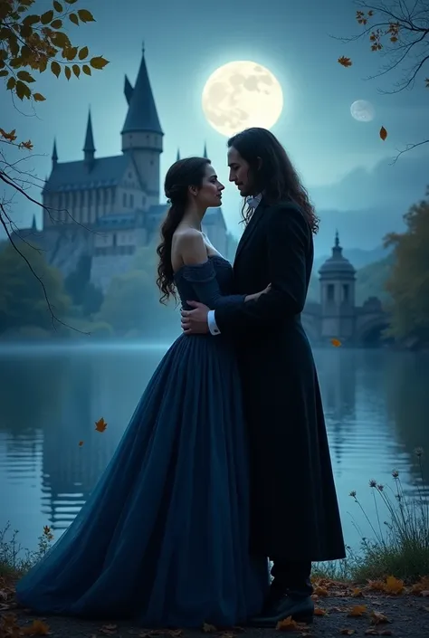 couple posing for a photo in front of a lake, severus snape from harry potter, girl in indigo victorian dress beautiful couple, look each other in the eye, hogwarts, night, moon, glare, 8 K)), Kim Do-yeon, 🚿🗝📝, Jinyoung Shin, 🍁 Cute, couple pose, ❤🔥🍄🌪, nos...