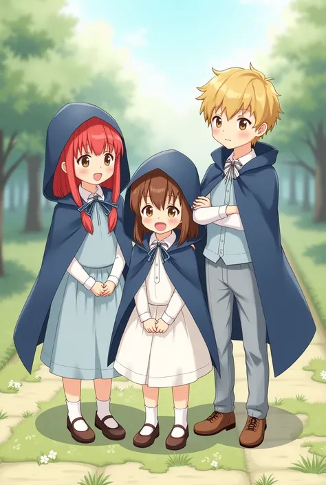 three children, , a redhead girl, a brown haired one and a blond boy. all wearing a light blue blouse, with a white vest, with a navy blue hooded cape. the one in white pants and the girls in white skirts 