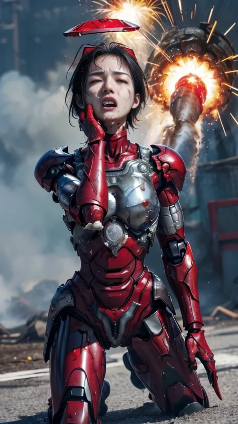 Rough skin, Very detailed, Advanced Details, high quality, 最high quality, High resolution, 1080P 、Bleeding from the wound、Red Armor、Wearing red and black、((Serious damage to the whole body))(Wearing a damaged female robot suit...)(Red Armor)(Broken Armor)B...