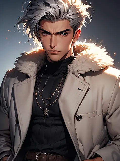 (best quality), 1boy, mature man, tanned skin, silver hair, medium hair, hair loosely combed back, brown eyes, perfect eyes, muscular, handsome, cold expression, black turtleneck, coat jacket, clean shaven face, masterpiece, anatomically correct, highres
