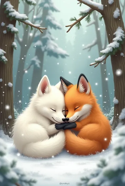 Dessin en couleur dun bébé loup blanc et bébé renard roux blotis lun contre lautre qui dorment dans une forêt où de la neige tombe