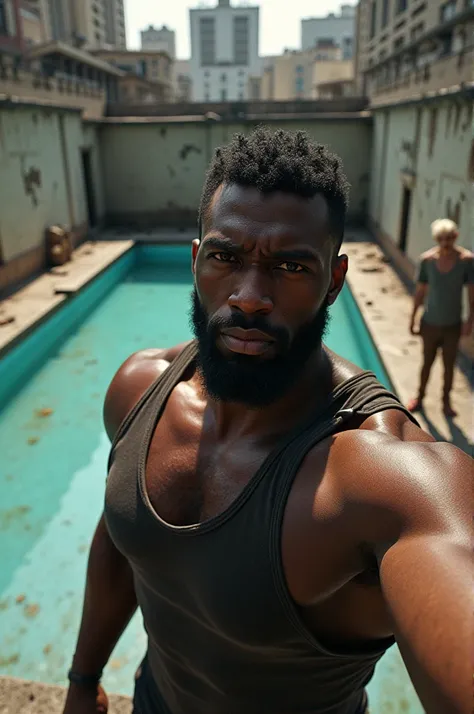 CJ, a big black guy taking a selfie in front of a dirty pool, in the background put a short ghetto white guy  that’s skinny with blonde hair