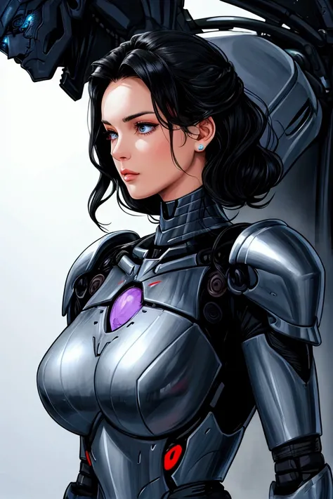 Beautiful tall woman with robotic armor with super realistic and well detailed black hair