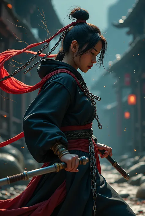 a female ninja kunoichi, intricate ninja techniques, chains flying from all directions, random chain motions, chains flying towards the camera, a sense of depth and distance, (best quality,4k,8k,highres,masterpiece:1.2),ultra-detailed,(realistic,photoreali...