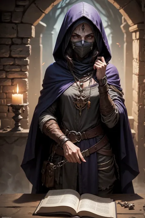 Human male, wearing a mask, wth ragged clothes, hooded cloak, scar on his right cheek, from pathfinder, d&d goblin rogue, goblin girl dnd character, female occultist, d & d lich, female necromancer, from dungeons & dragons, medieval zombie peasant, lich ve...