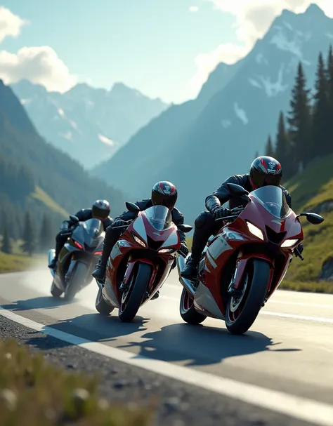 Three R6 riders streak across the winding asphalt, their sleek motorcycles leaving trails of smoke as they hurtle towards the rugged mountain range in the distance. The matte painting-style backdrop features towering peaks, lush green forests, and wispy cl...