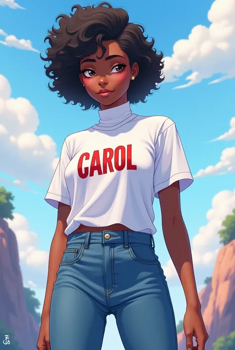 Black character, white turtleneck shirt with the name Carol in capital letters, blue jeans, white sneakers, anime theme