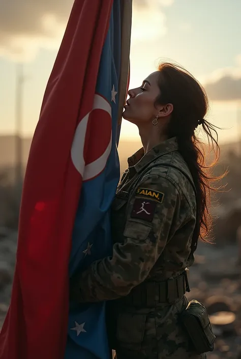 Armenian female soldier kissing the flag of Azerbaijan